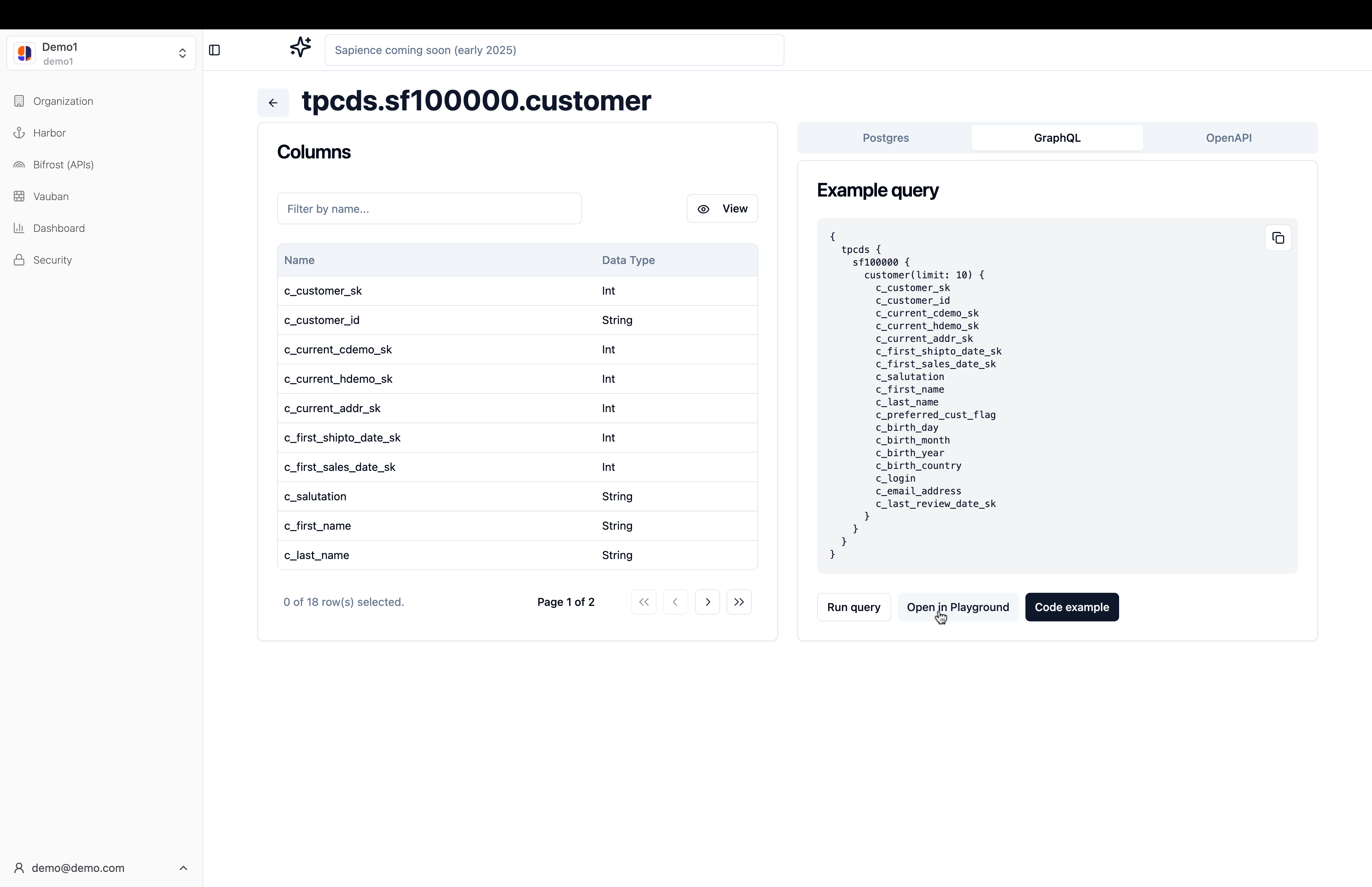 View of GraphQL in table page, clicking on GraphQL playground